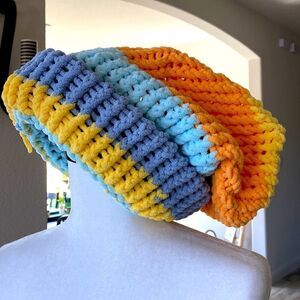 Oversized Colorful Hand-knitted Hat Blue Orange Yellow Crochet Artsy Fun